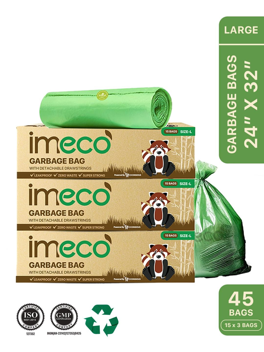 IMECO Set Of 3 Eco-Friendly Garbage Bags With Detachable Drawstrings - 45 PCS