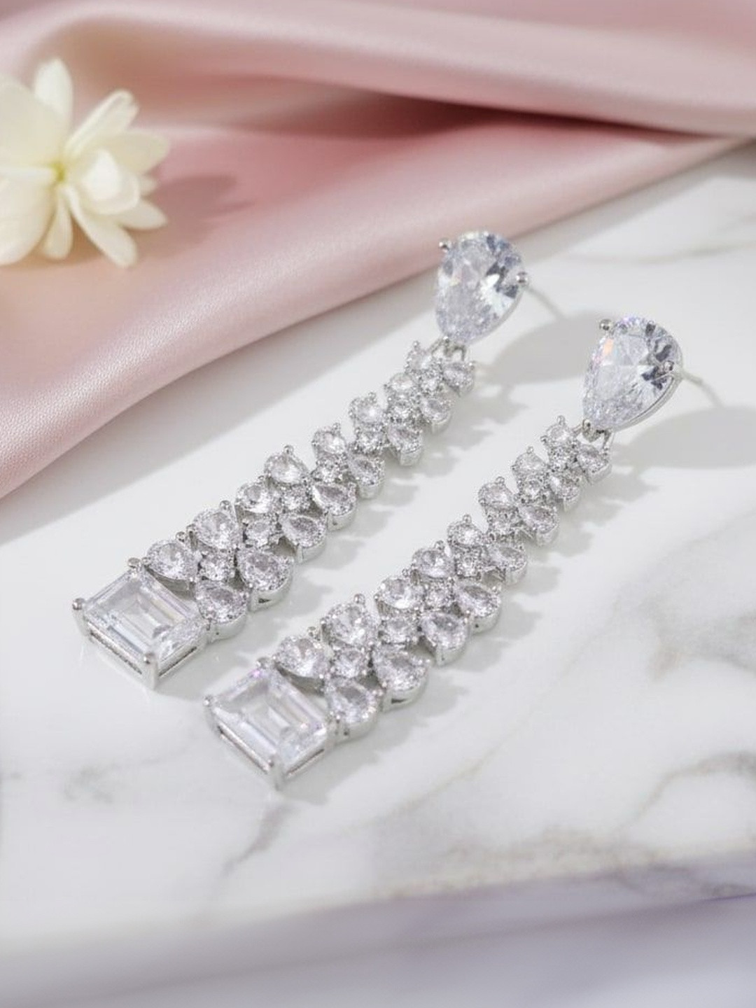 Opal Touch Silver-Toned Geometric Shaped Cubic Zirconia Studded Drop Earrings