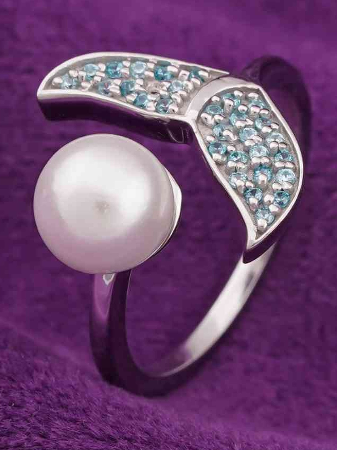 Zalkari Rhodium-Plated Pearls Beaded & Cubic Zirconia-Studded Dolphin Finger Ring