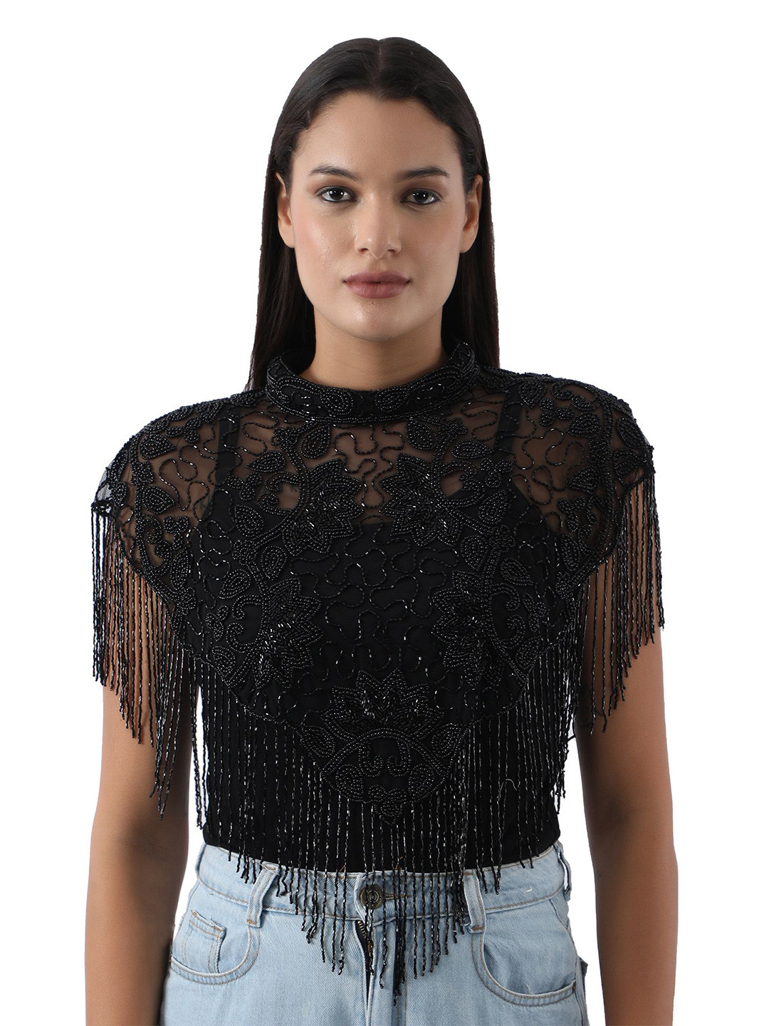 JEDCO Floral Embroidered  Round Neck Waterfall Shrug With Beaded detail
