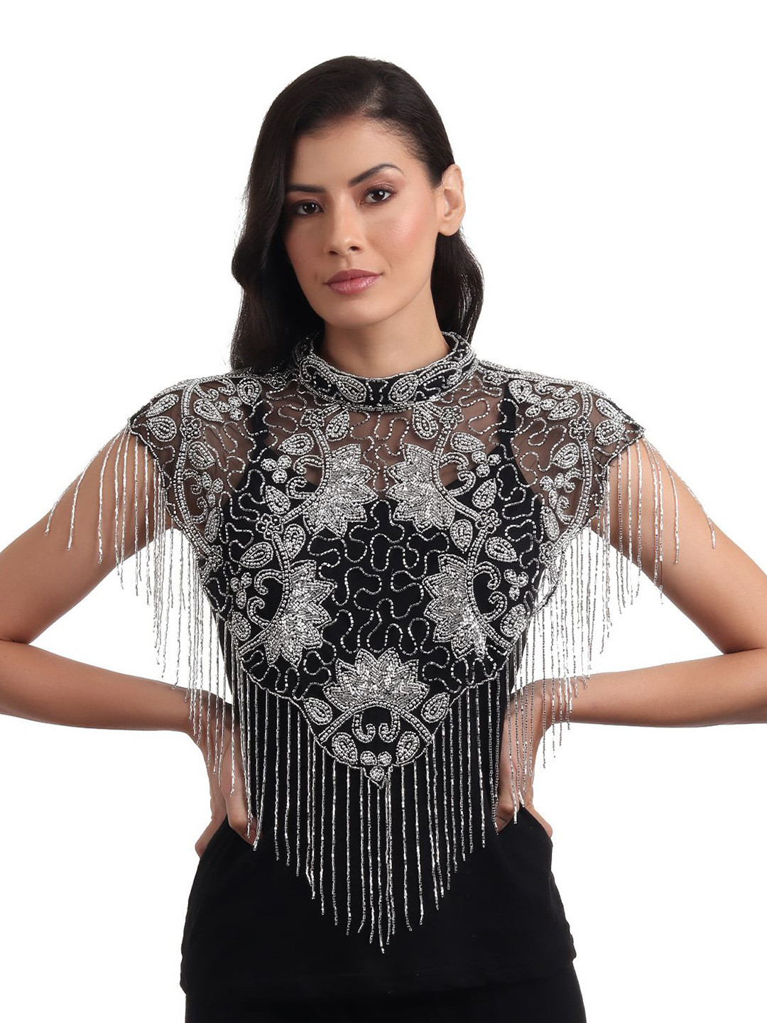 JEDCO Embroidered Self Design Round Neck Short Sleeves Waterfall Shrug
