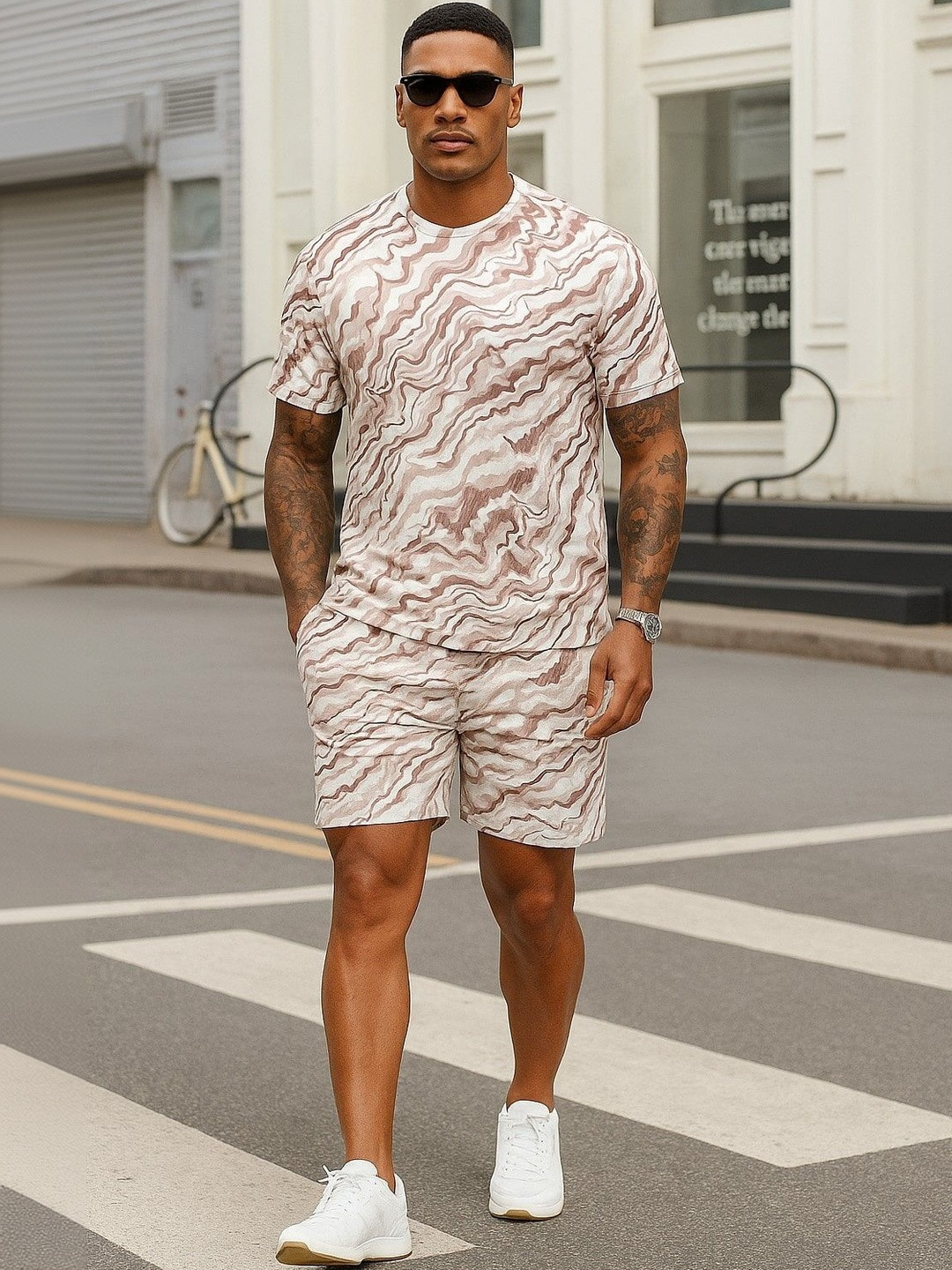 CHROME & CORAL Printed Round Neck T-shirt With Shorts