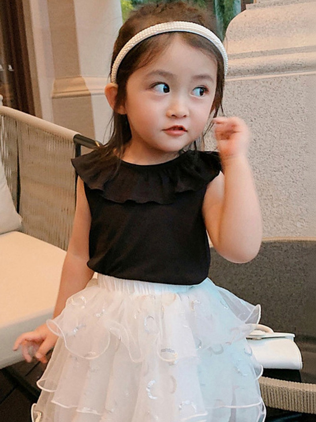 LULU & SKY Girls Round Neck Ruffles Details Cotton Regular Top