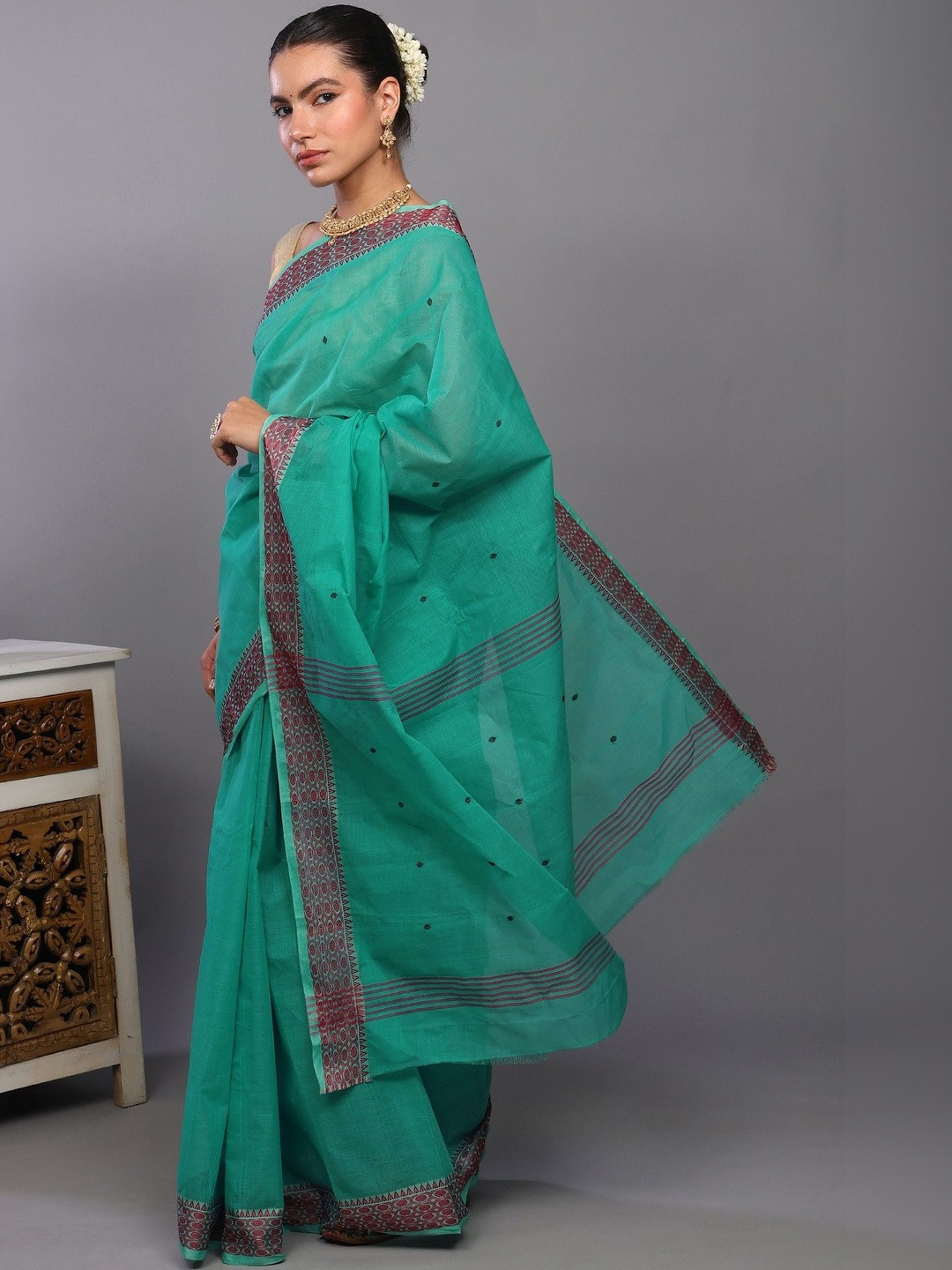 Exotic India Ethnic Motifs Temple Border Saree with Woven Bootis and Stripes Pallu