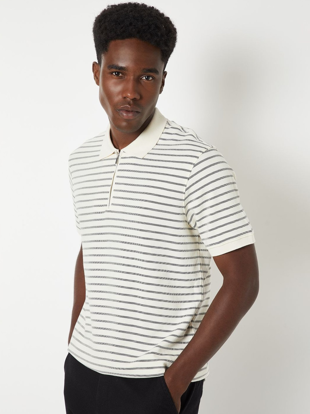 max Men Striped Shirt Neck Short Sleeve T-shirt