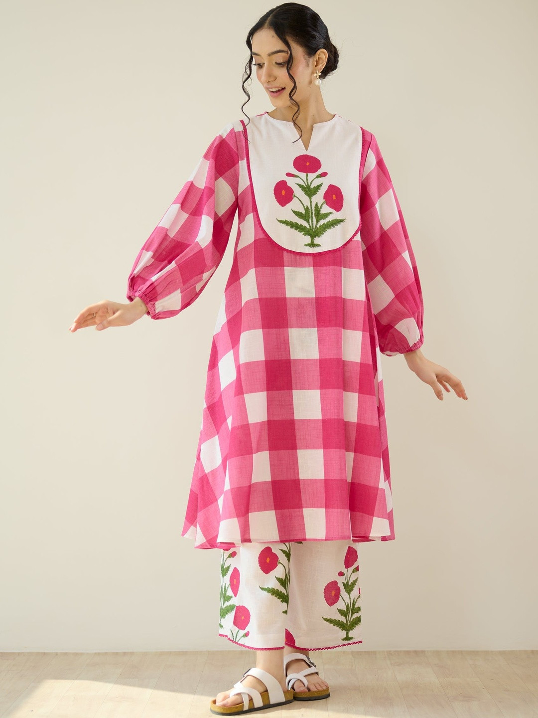 Rustorange Old School Checked Notch Neck Thread Work Pure Cotton A-Line Kurta With Palazzo