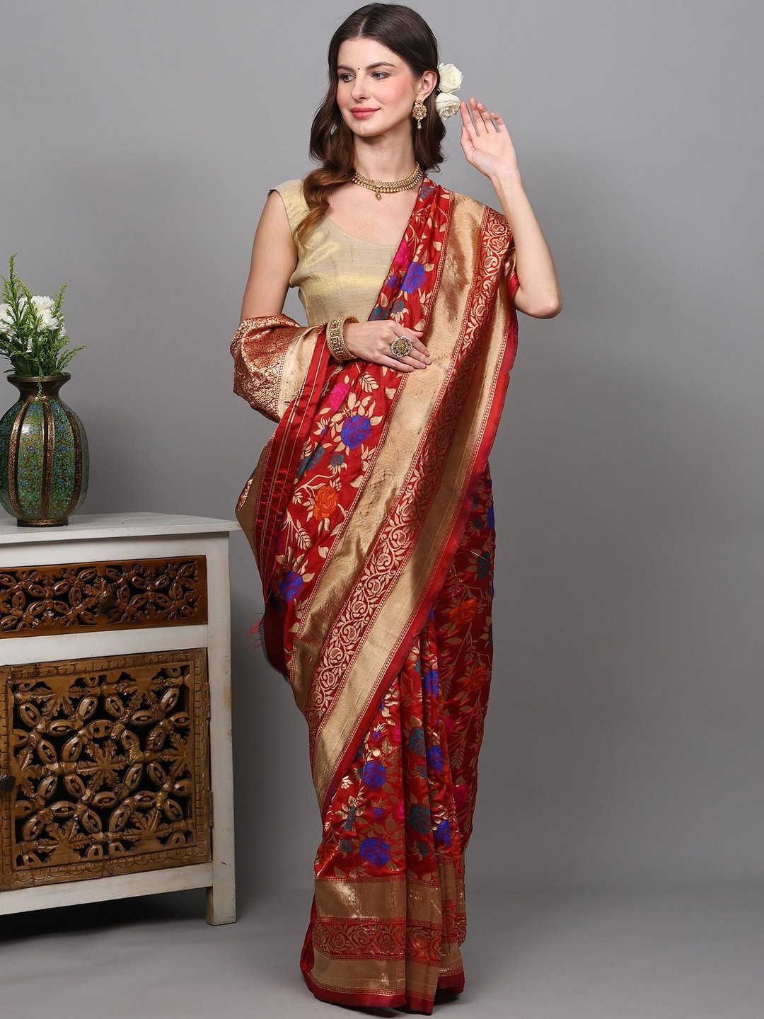 Exotic India Floral Woven Design Zari Banarasi Saree