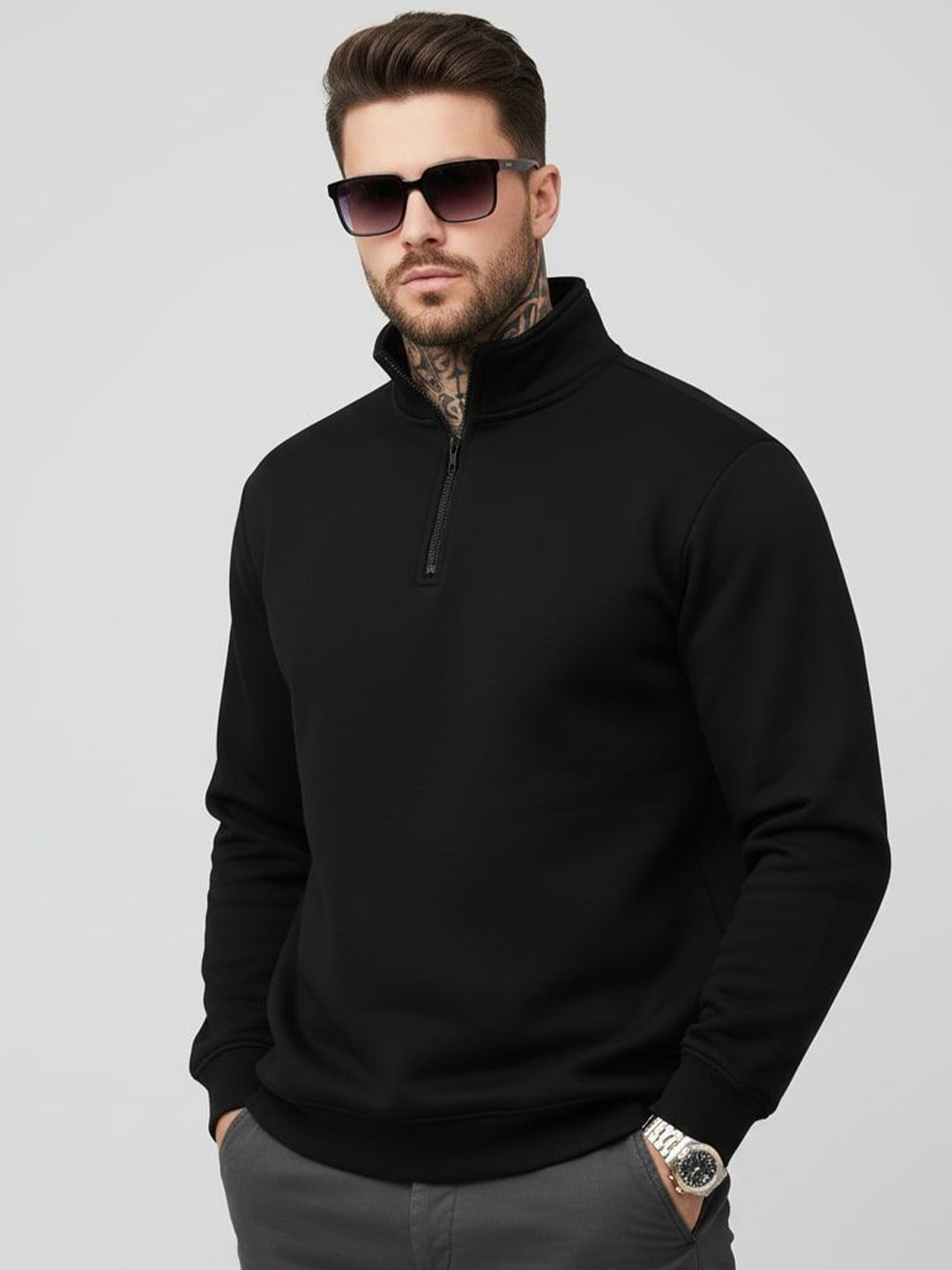 VILLAIN Men High Neck Half Zipper Sweatshirt