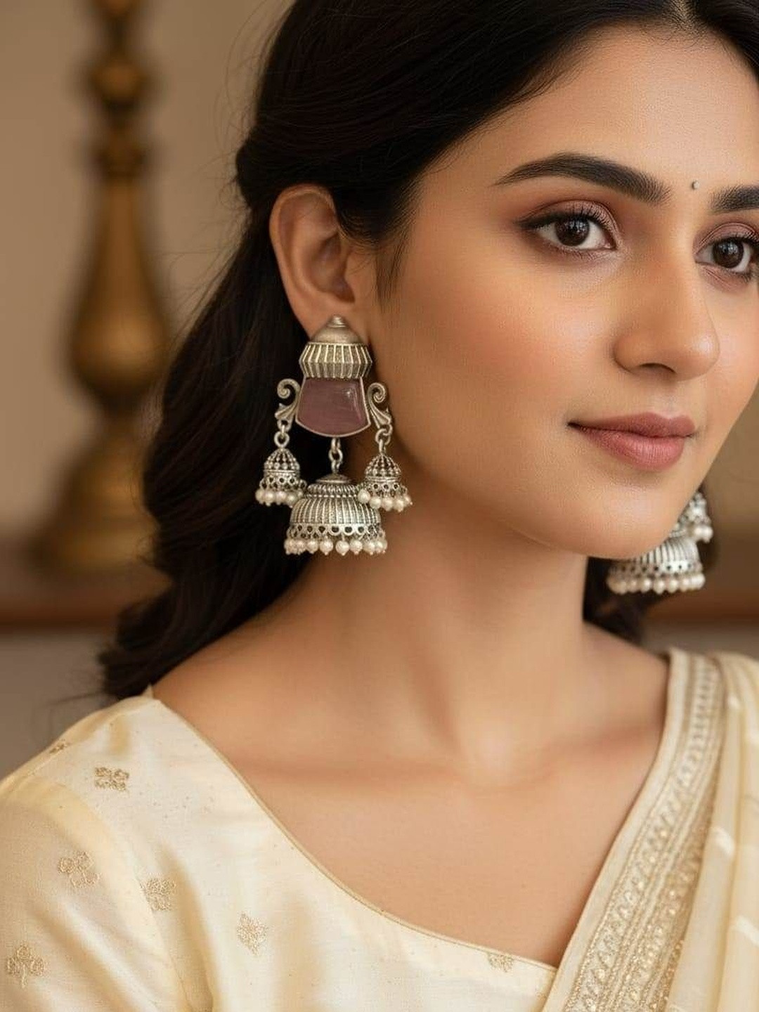 Jeweltos Silver-Plated Cat Eye Studded & Pearls Beaded Oxidised Dome Shaped Jhumkas