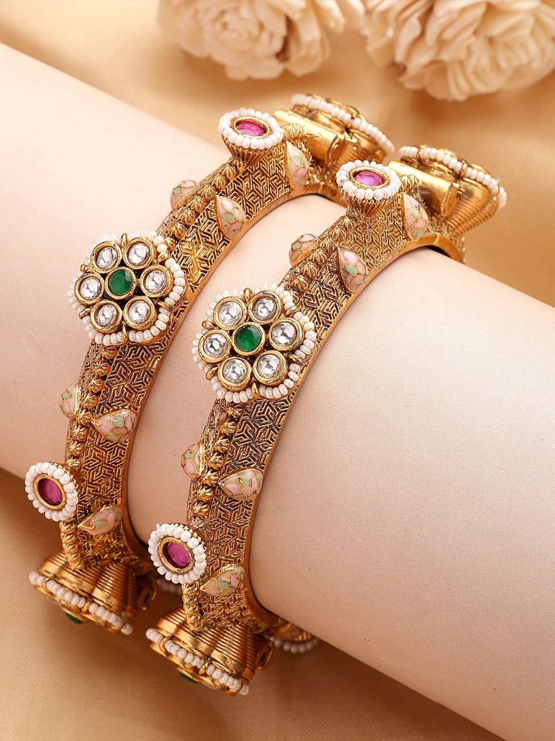 KARATCART Set Of 2 Gold-Plated Rajwadi Stone-Studded & Beaded Bangles