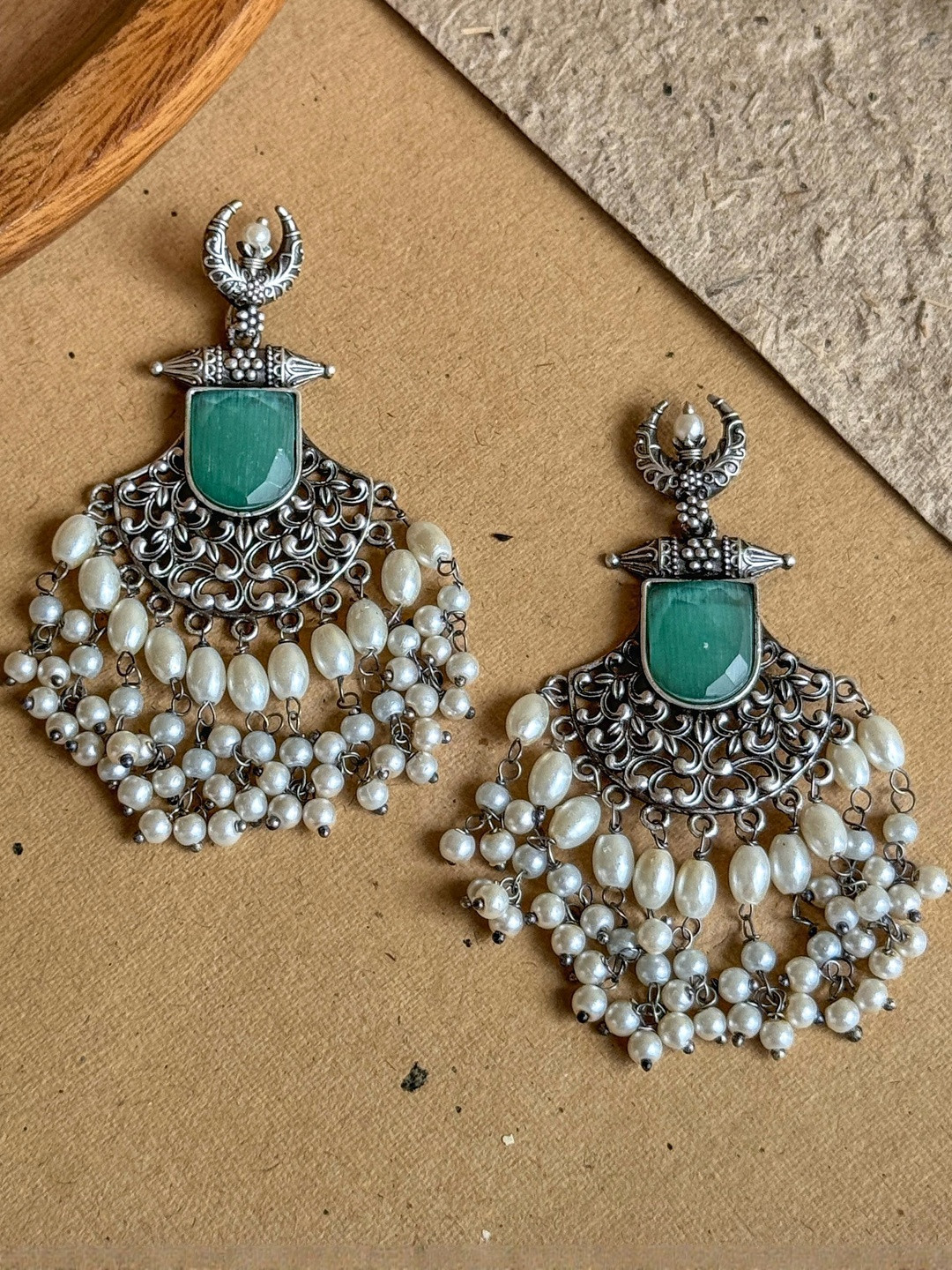 NAMAN ARTS Silver Plated Artificial Stones Studded and Beaded Contemporary Drop Earrings