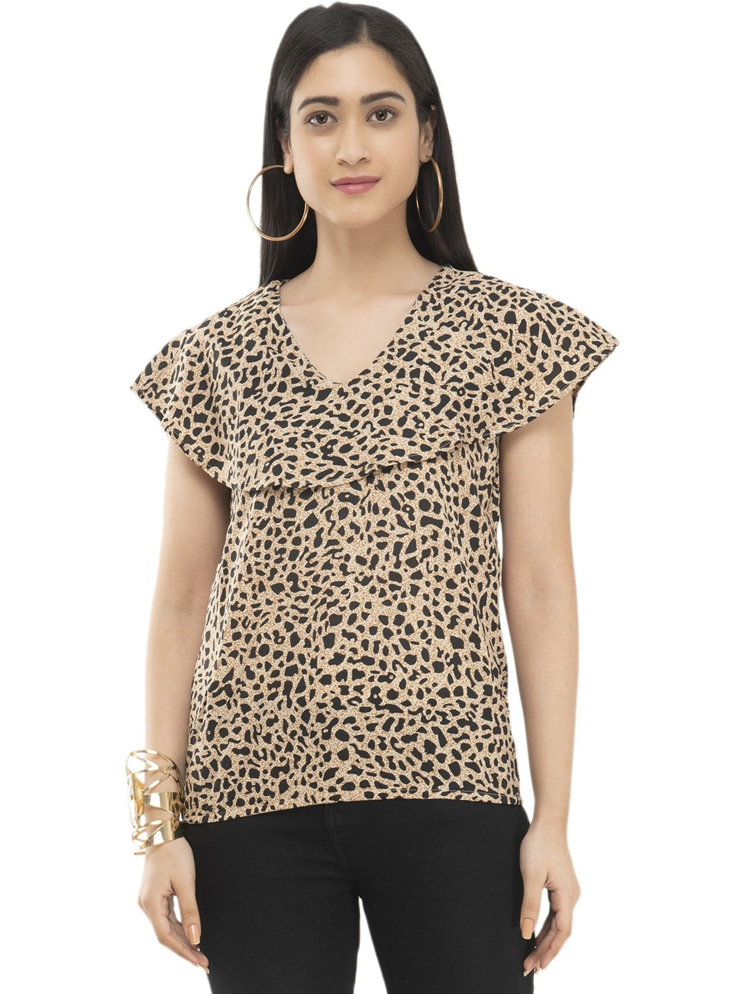 Absorbing Animal Print Flutter Sleeve Ruffles Crepe Top