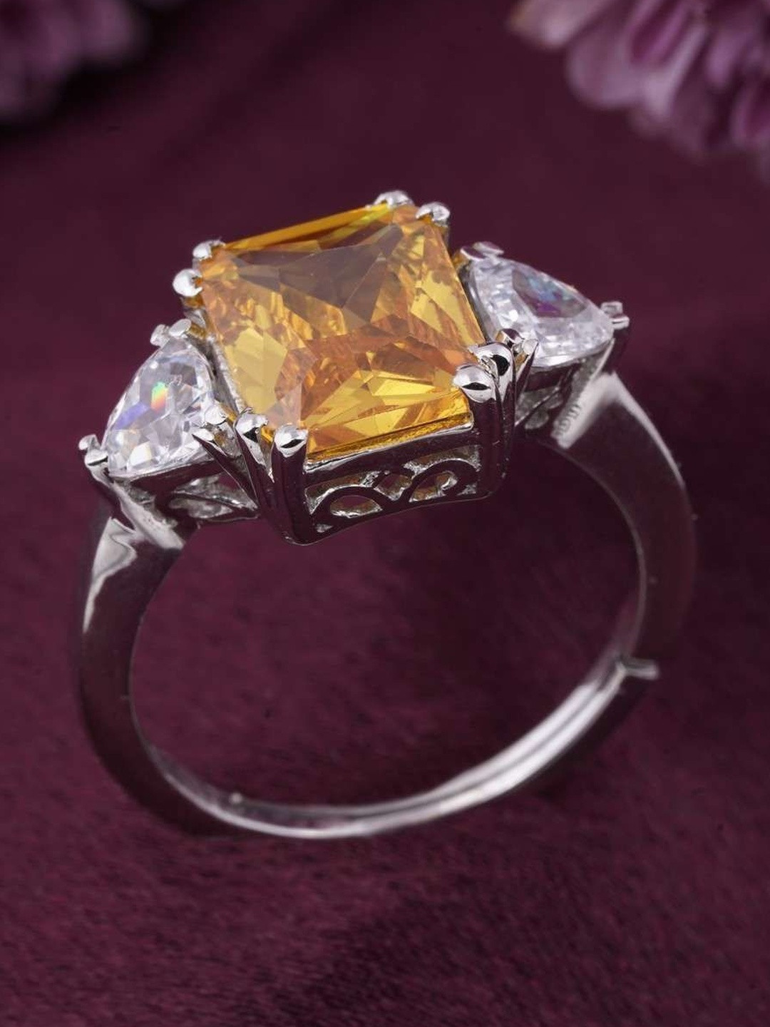 Zalkari Silver Rhodium-Plated Cubic Zirconia Studded Finger Ring