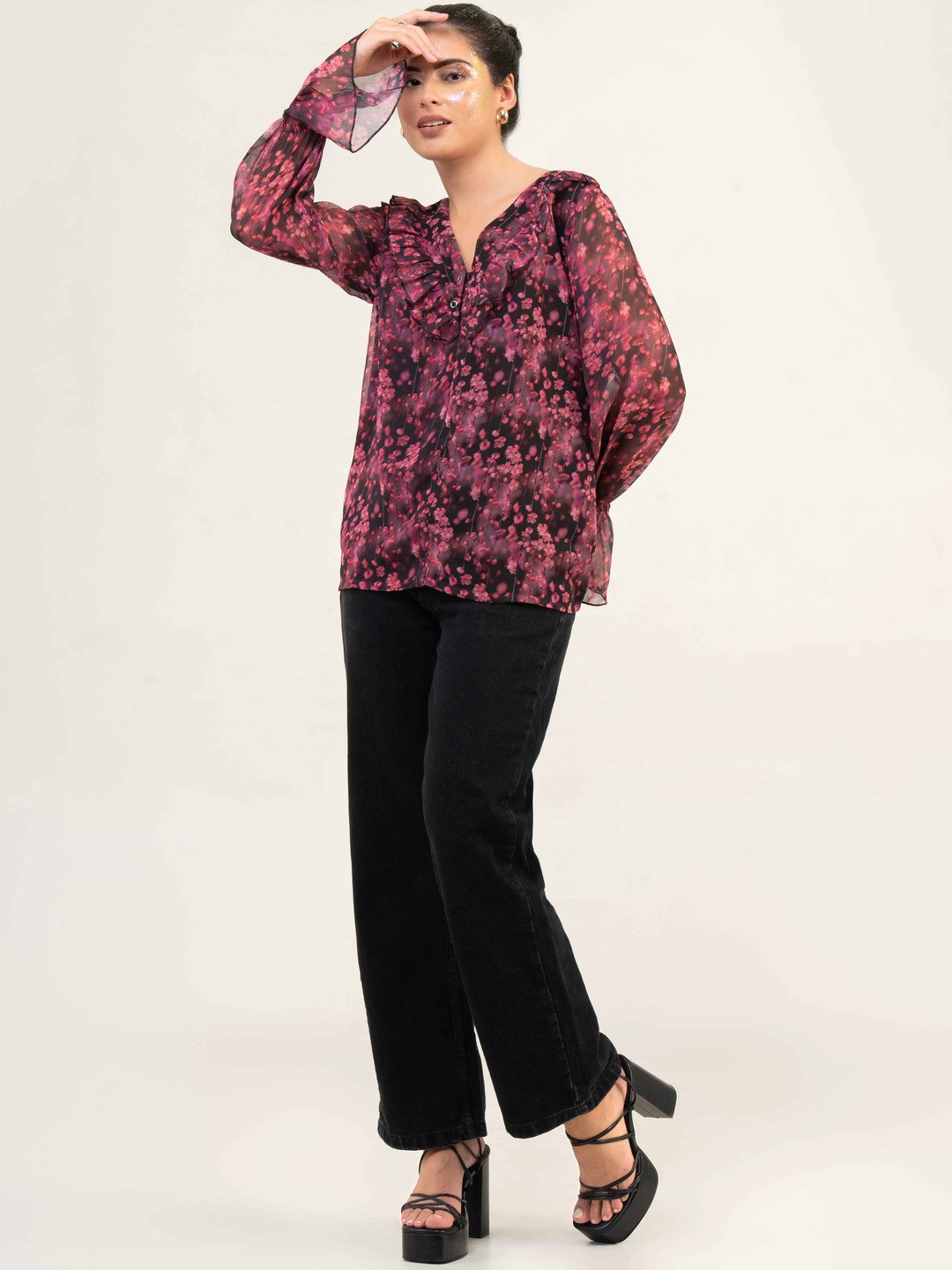 Urban Sundari Floral Print Bell Sleeve Ruffles Georgette Top