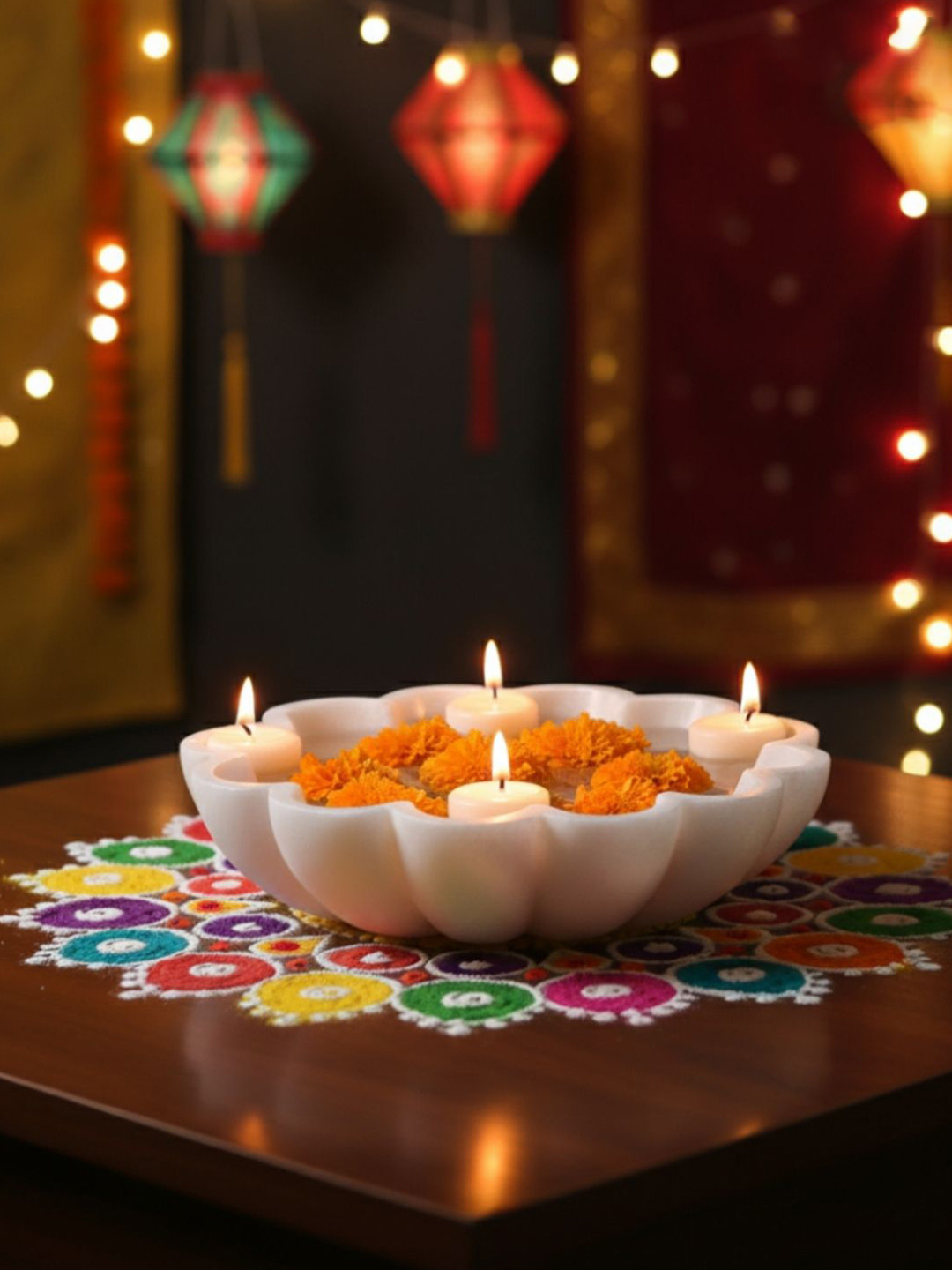 Swadeshi Blessings White Scalloped Marble Decorative Bowl- 30.48 cm
