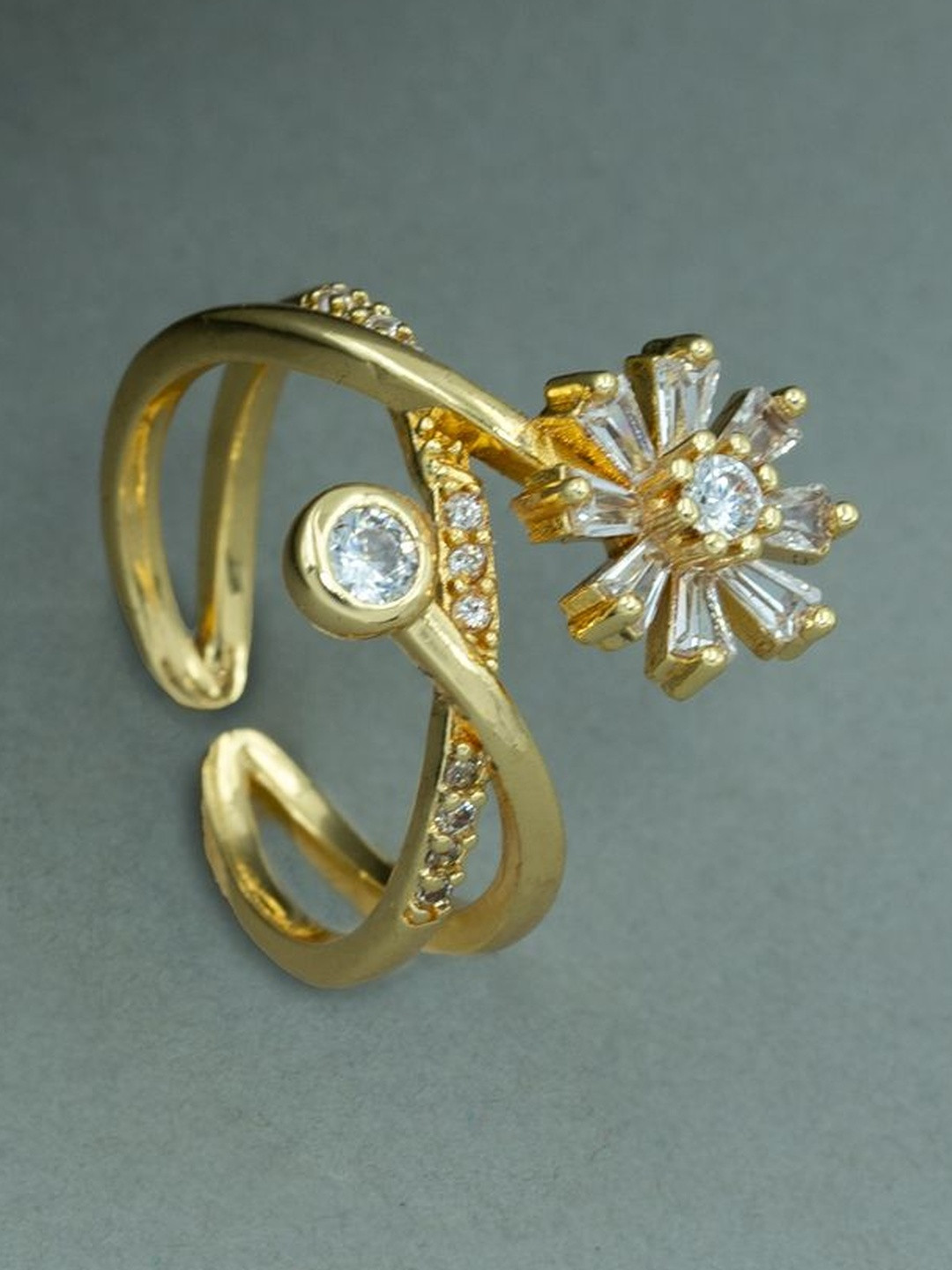 ARTKLIM Gold-Plated Stones Studded Crossover Flower Anti-Tarnish Adjustable Finger Ring