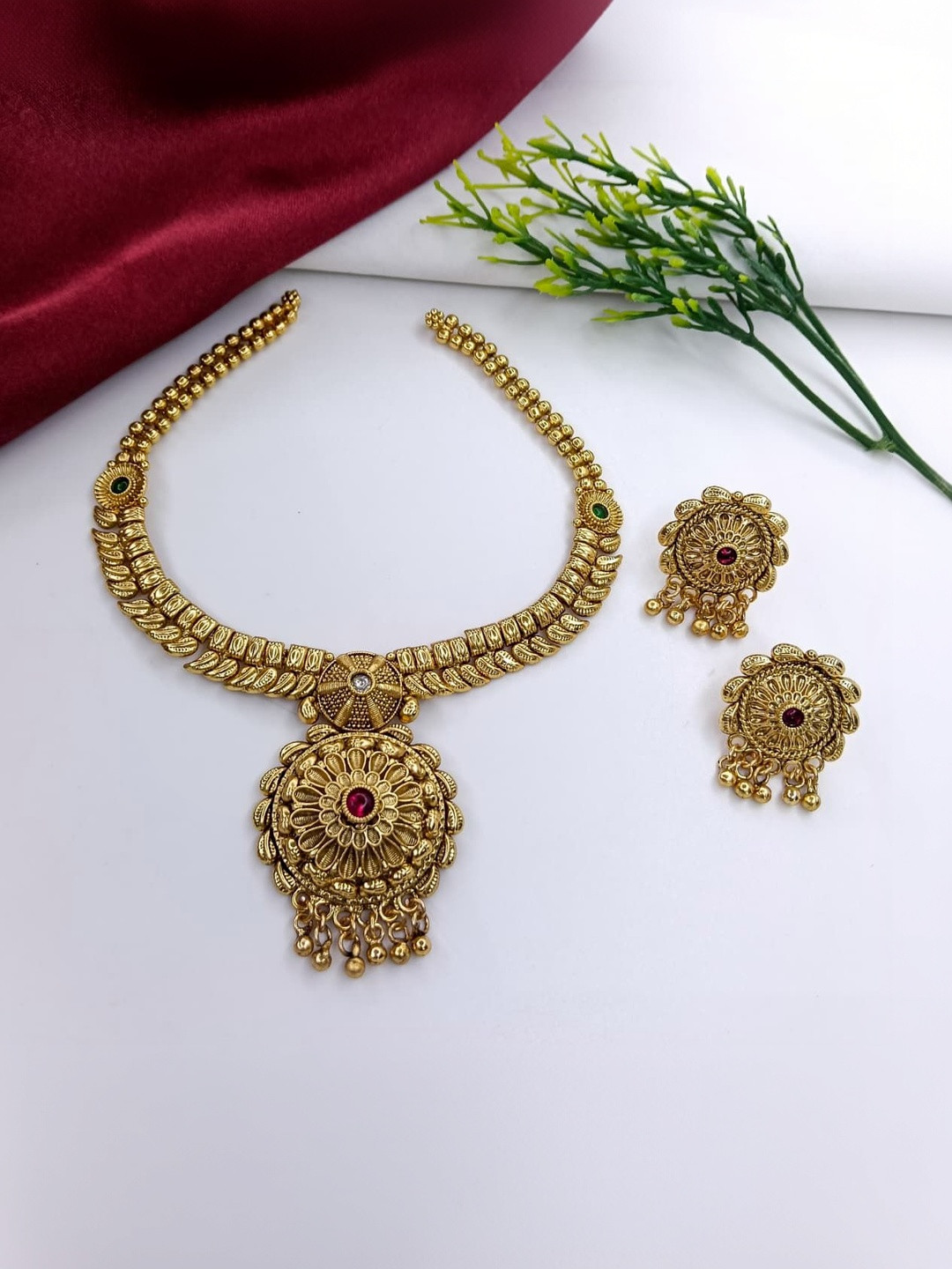 VELVET IMPERIAL Gold Plated Ruby-Studded & Beaded Necklace With Earrings