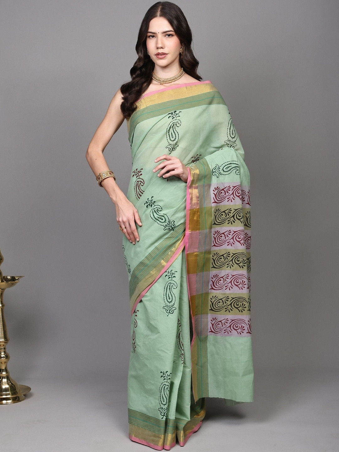 Exotic India Paisley Printed Zari Saree With Unstitched Blouse Piece