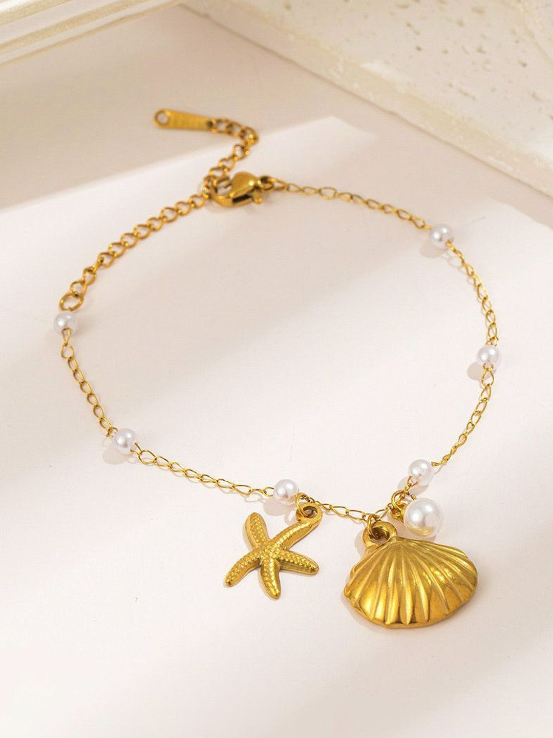 MYKI Stainless Steel Gold-Plated Pearls Beaded Sea Charm Bracelet