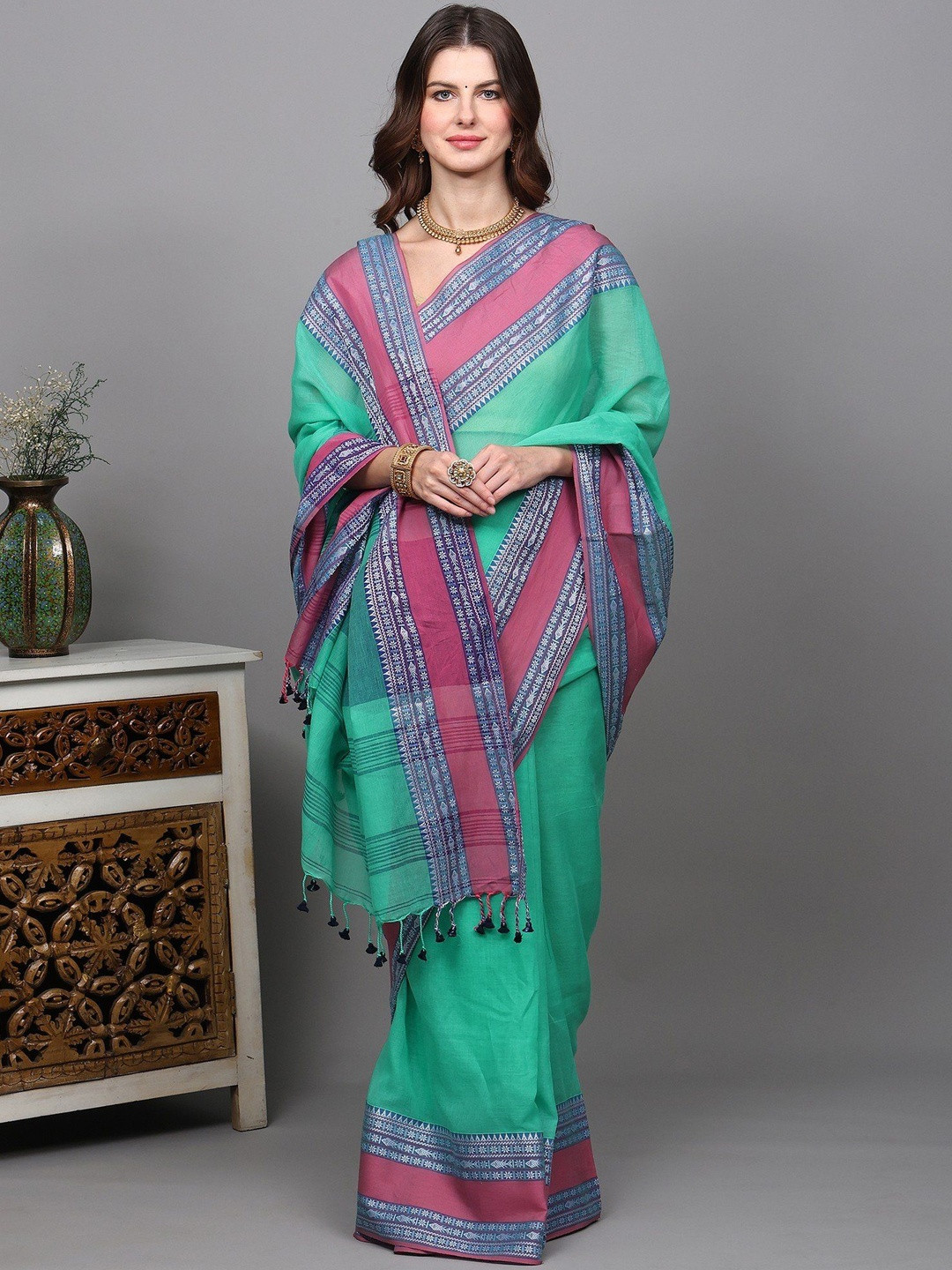 Exotic India Ice-Green Tangail Saree with Woven Fish Wide Border and Stripe Pallu