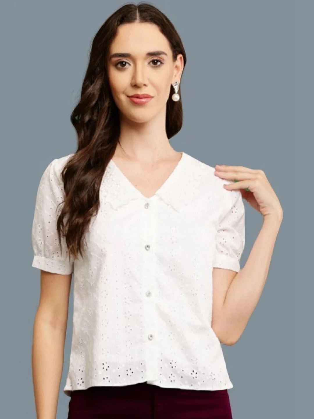 Absorbing Self Design Peter Pan Collar Puff Sleeves Embroidered Top