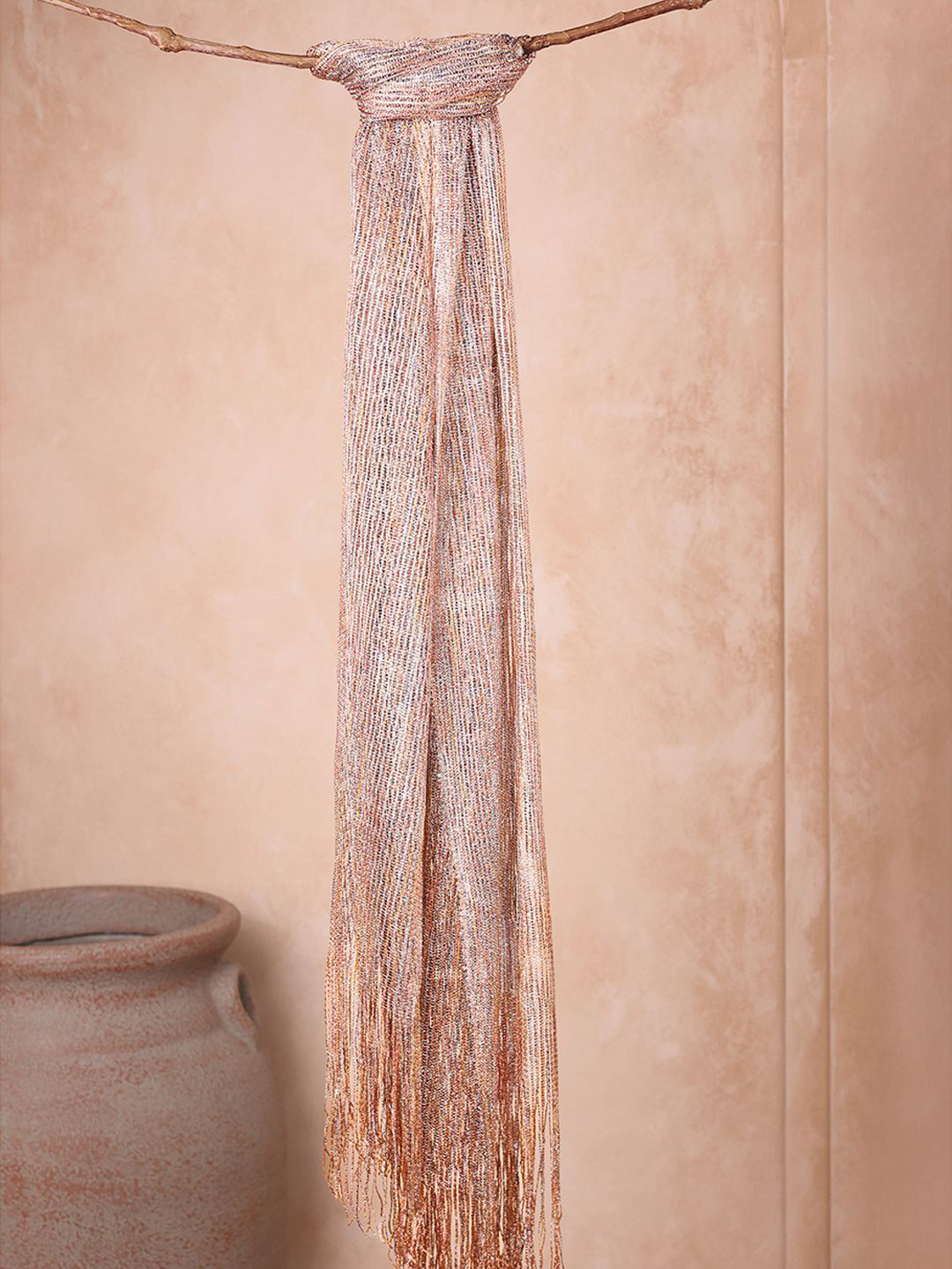 ToniQ Women Shimmering Ethereal Gold & Copper Knited Scarf with Tasselles