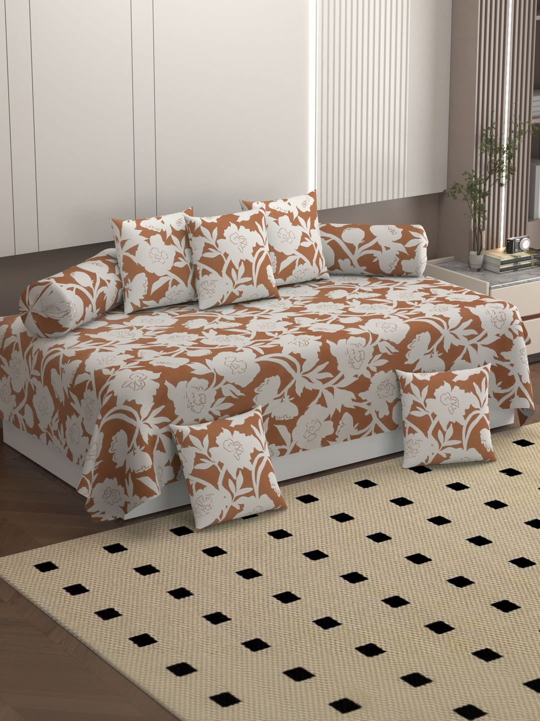 BELVOSTUM Brown Printed Superfine Cotton Bedsheet With Bolster & Cushion Covers