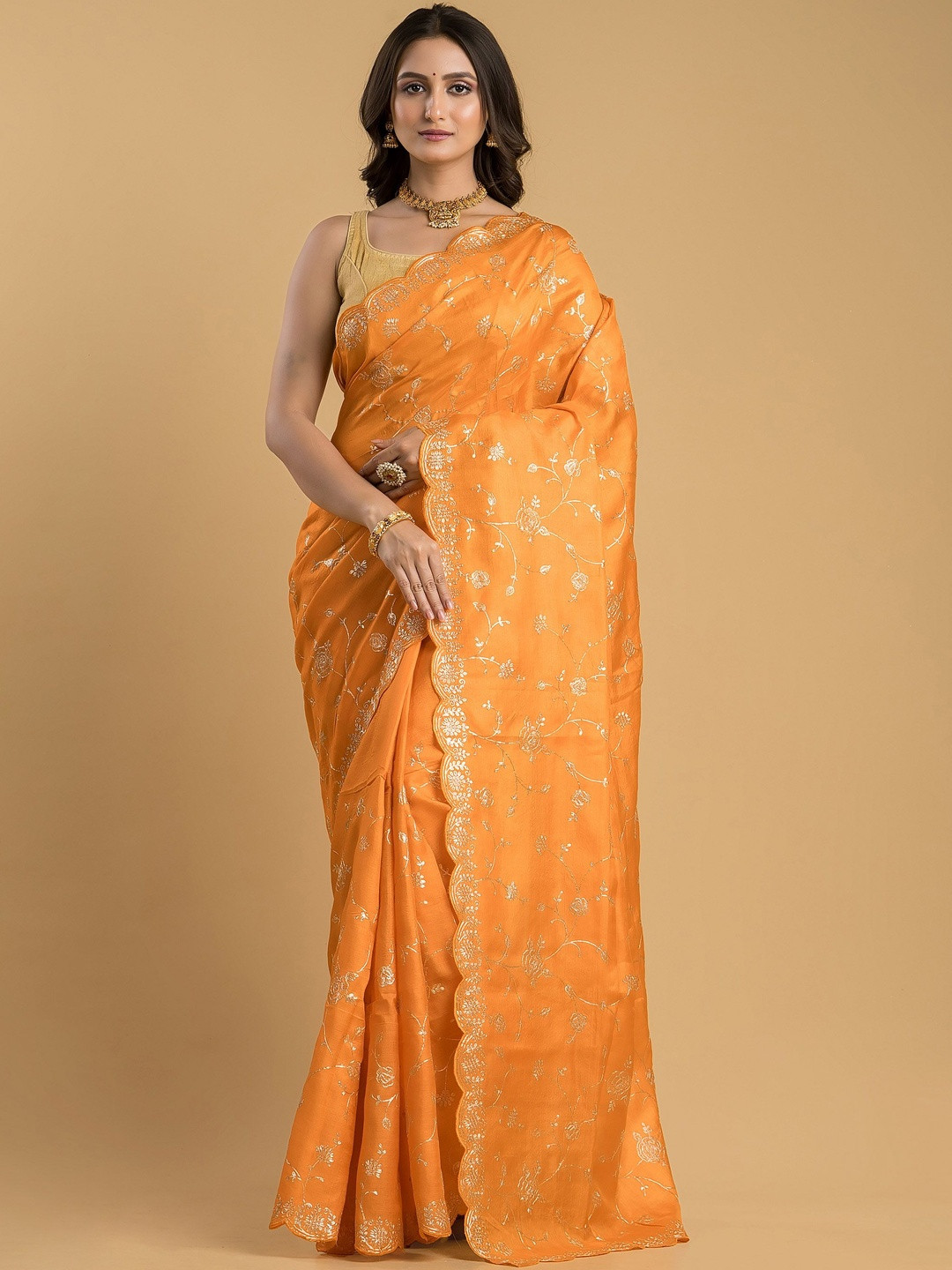 Silk Petalss Floral Embroidered Silk Blend Heavy Work Core Saree