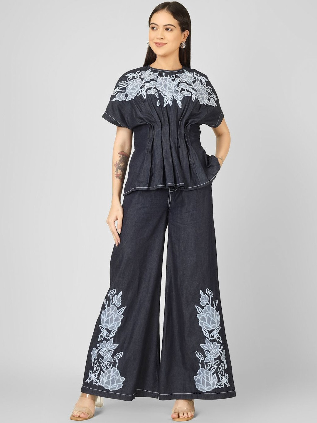 COSMIC TRIO Embroidered Pure Cotton Round Neck Short Sleeves Top With Palazzo Co-Ords