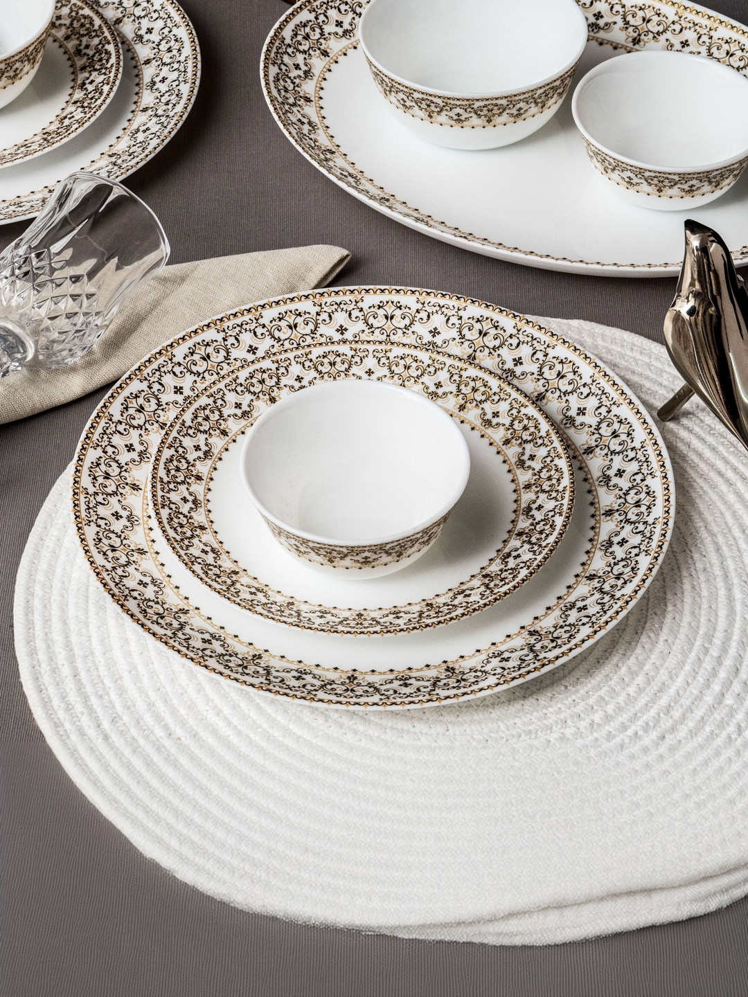 Cello White Geometric Printed 27 Pieces Opalware Dishwasher and Microwave Safe Dinner Set