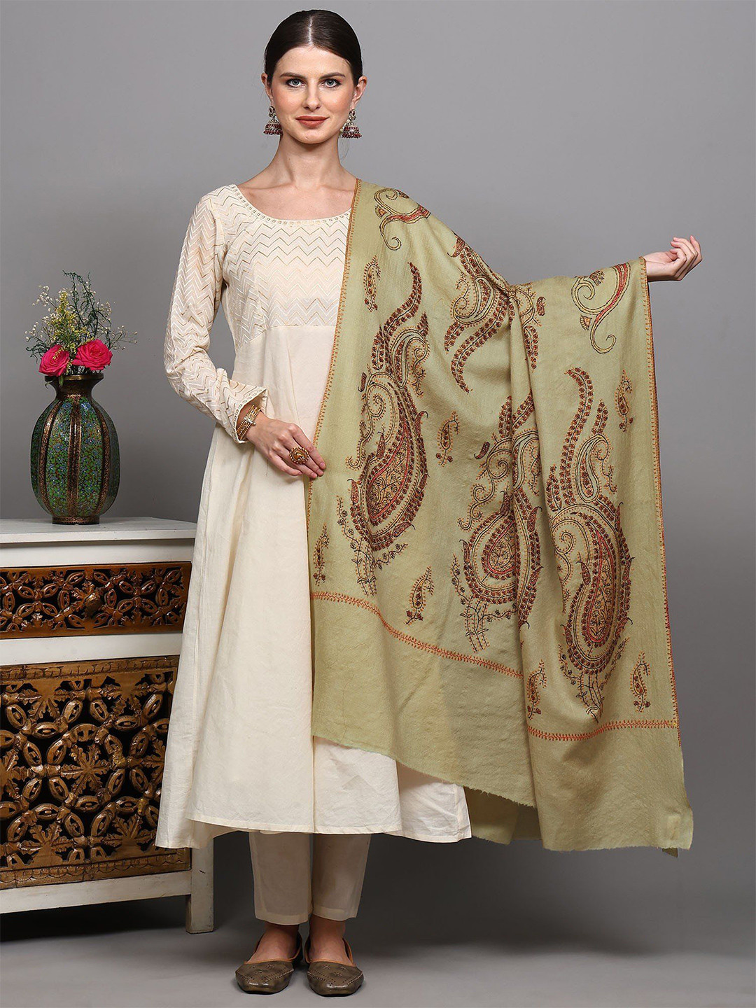 Exotic India Pure Wool Shawl From Kashmir With Sozni Embroidered Giant Paisleys