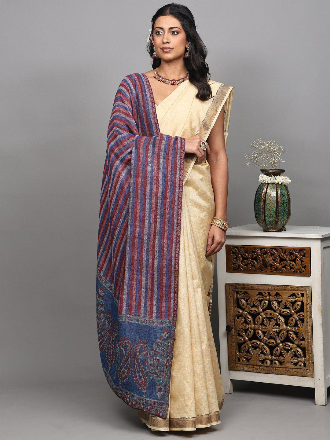 Exotic India Reversible Two Ply Shawl With Woven Stripes And Paisleys Palla From Amritsar