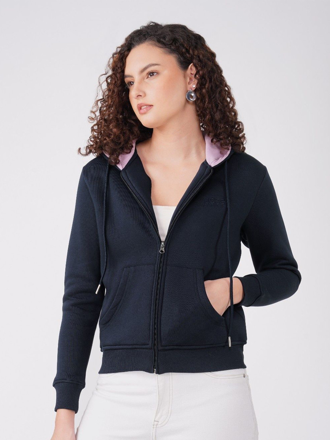 POSE CASUALS Women Hooded Zip Detail Dry Fit Front-Open Sweatshirt