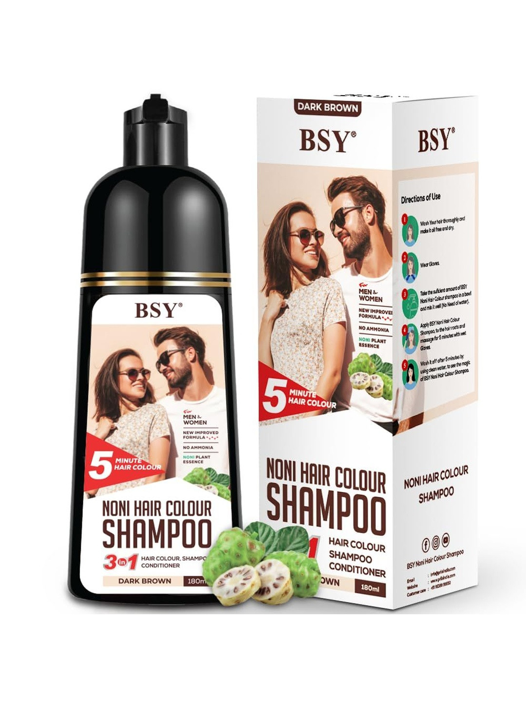PRIIS BSY 3-In-1 Noni Hair Colour Shampoo - 180 ml - Dark Brown
