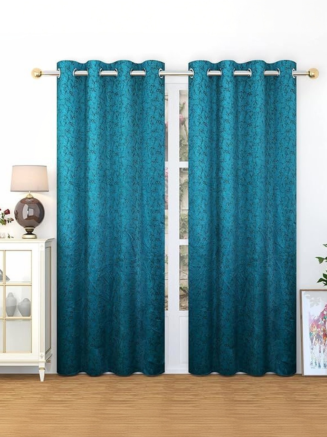 LUZDECOR Teal Printed Velvet 2 Pieces Long Door Black Out Eyelet Curtains