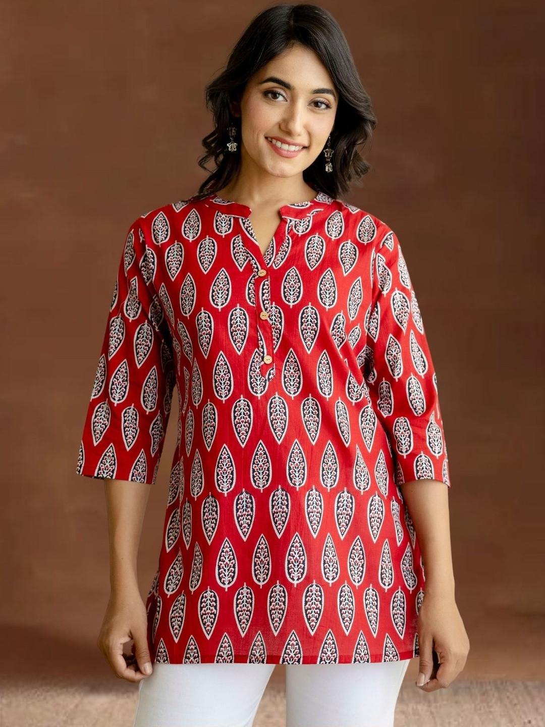 Red Ethnic Motifs Shirt Collar Cotton Top