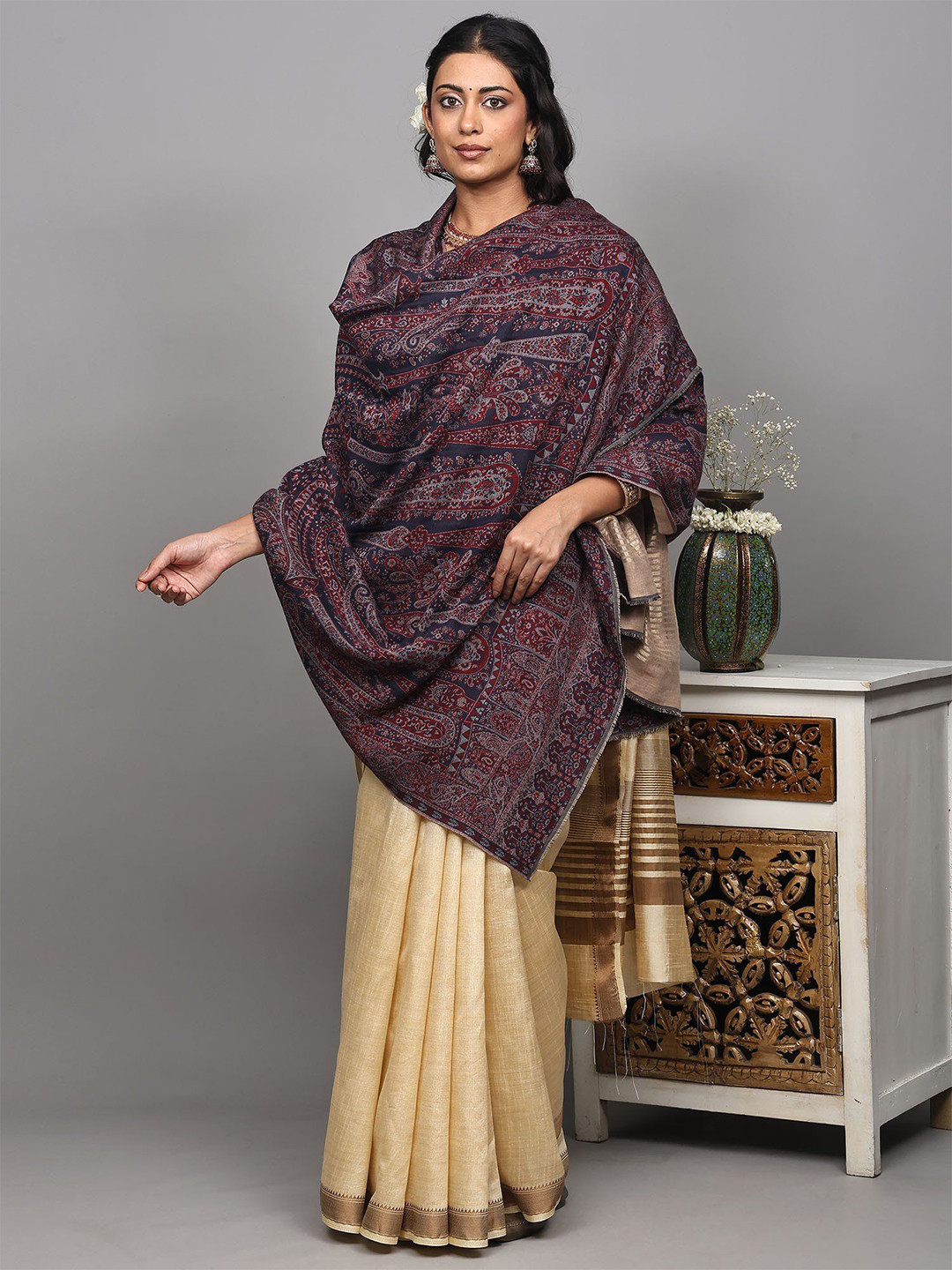 Exotic India Two Ply Reversible Kani Shawl With Woven Paisleys And Flowers All Over