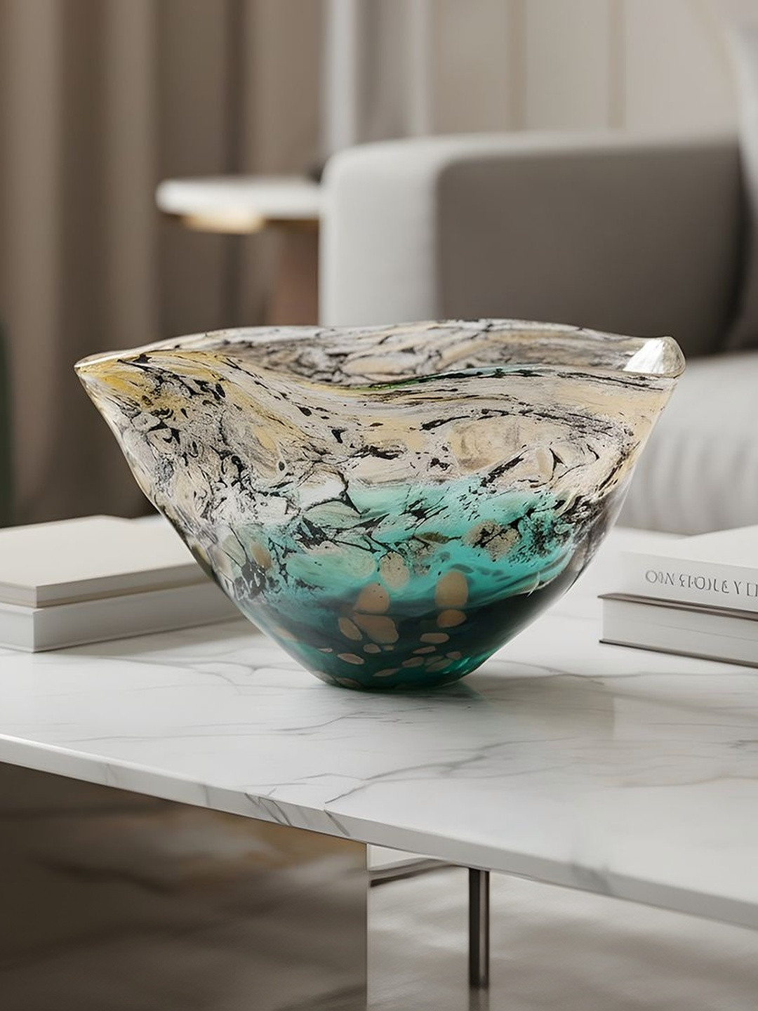 AARVI DECOR STUDIO Veil Bowl Blue & Beige Textured Vase