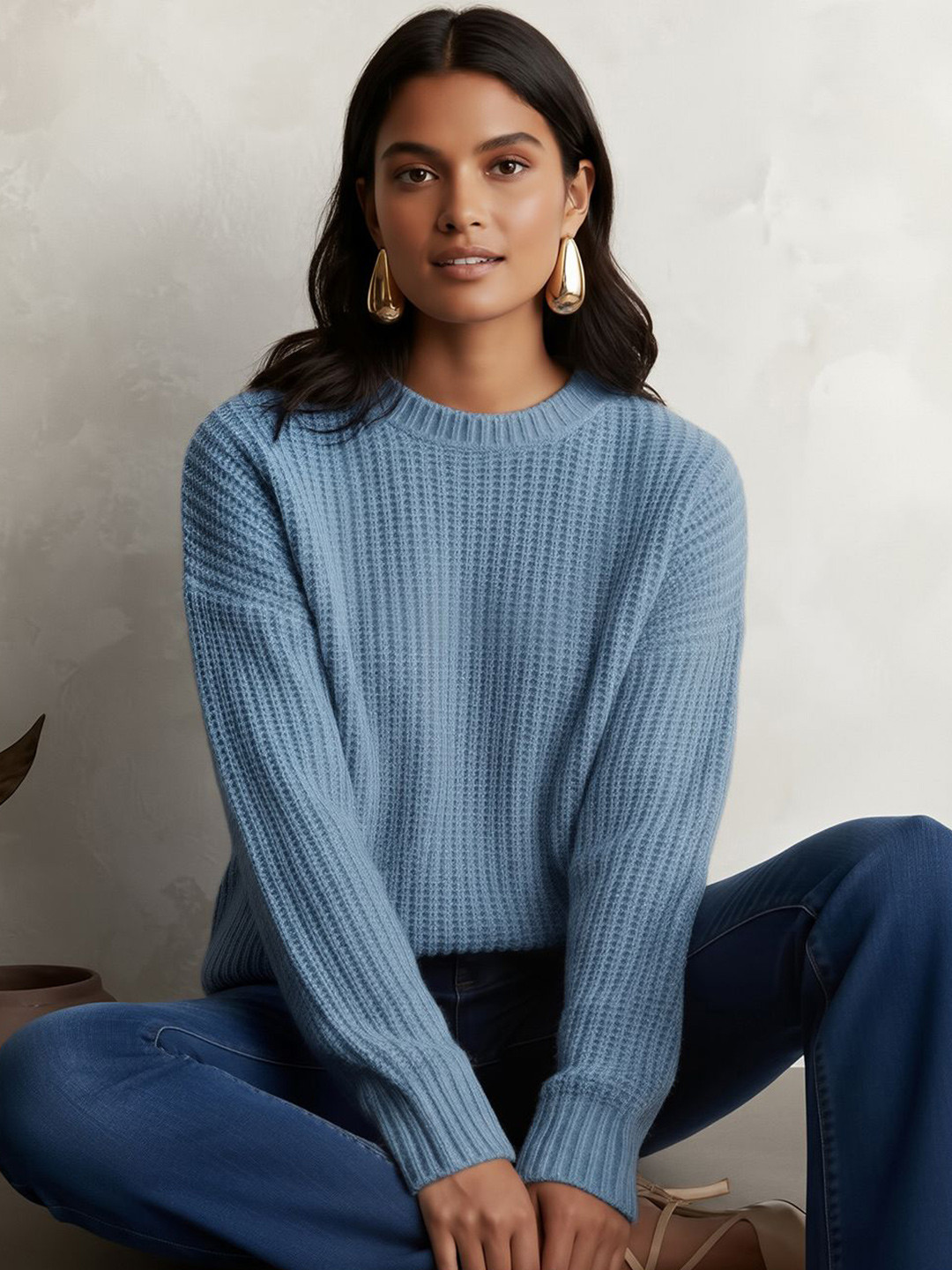 Globus Women Blue Round Neck Drop Shoulder Sleeves Self Design Cable Knit Pullover Sweater