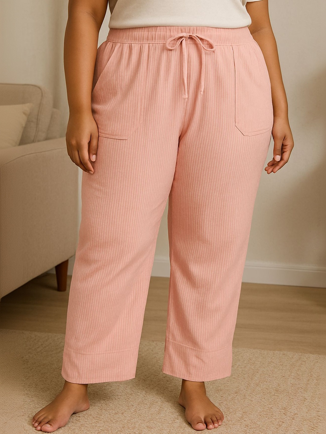 CUPID Plus Size Women Striped Pure Cotton Straight-Leg Lounge Pants