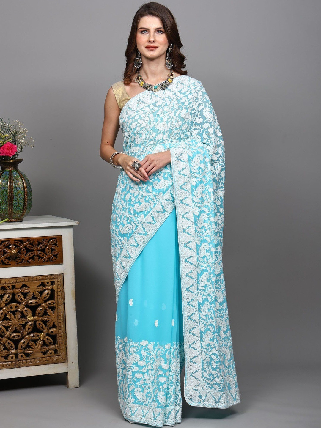 Exotic India Georgette Saree with Aari Embroidered Flowers and Paisleys Jaal from Kashmir