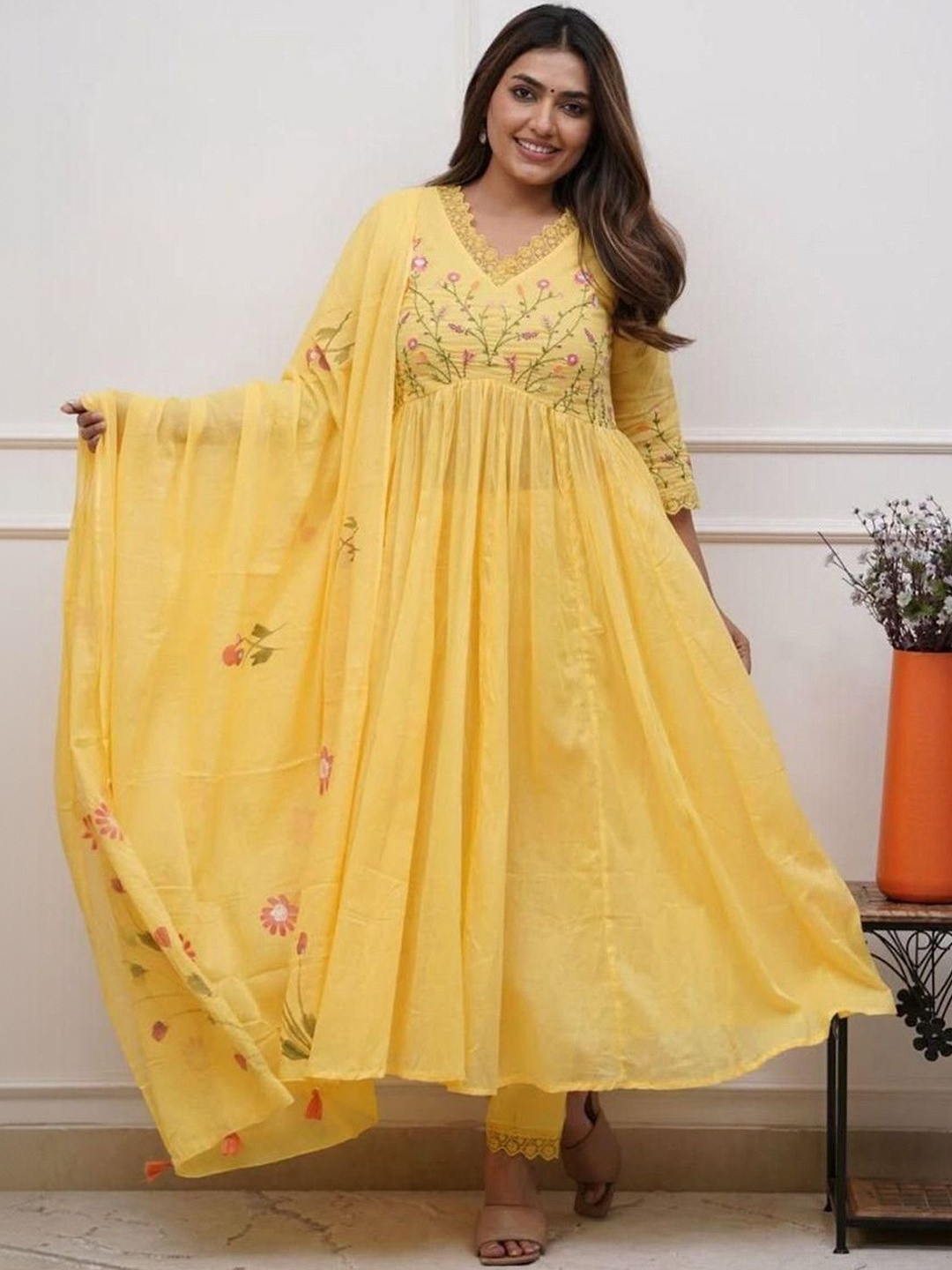 Art Avenue Floral Embroidered V-Neck Pure Cotton Anarkali Kurta With Pyjamas & Dupatta