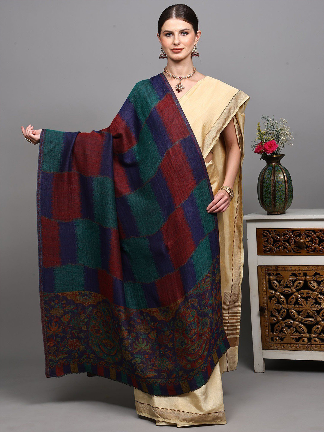 Exotic India Two Ply Reversible Ikat Shawl With Checks And Floral Palla From Amritsar