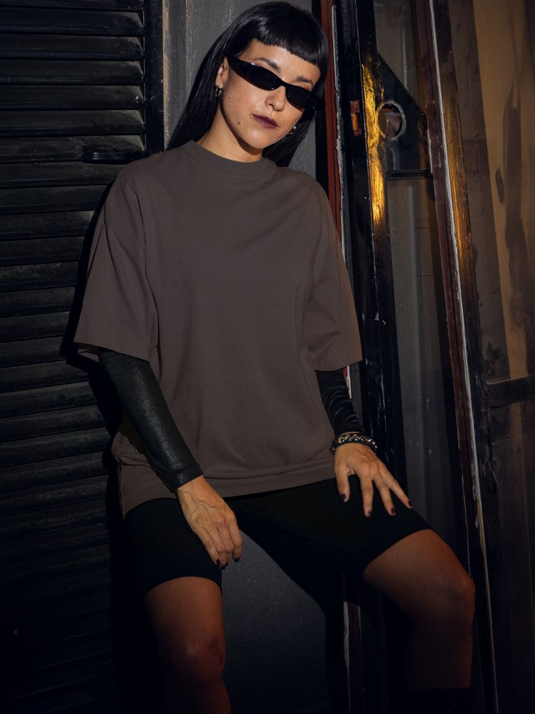 Incrroect Women Solid Round Neck Drop-Shoulder Sleeves Oversized T-shirt