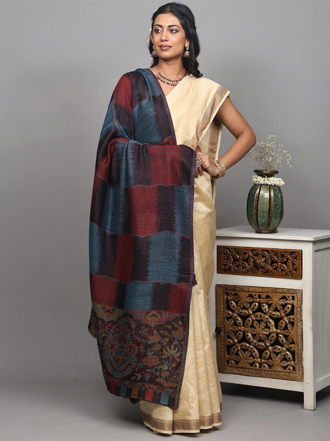 Exotic India Two Ply Reversible Ikat Shawl With Checks And Floral Palla From Amritsar