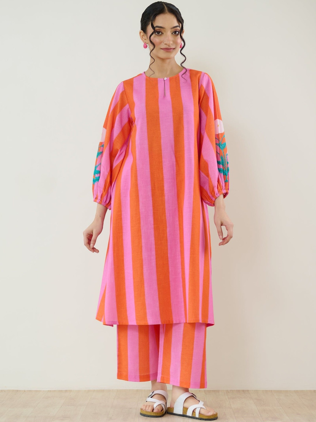 Rustorange Verandah Striped Keyhole Neck Pure Cotton A-Line Kurta with Palazzo