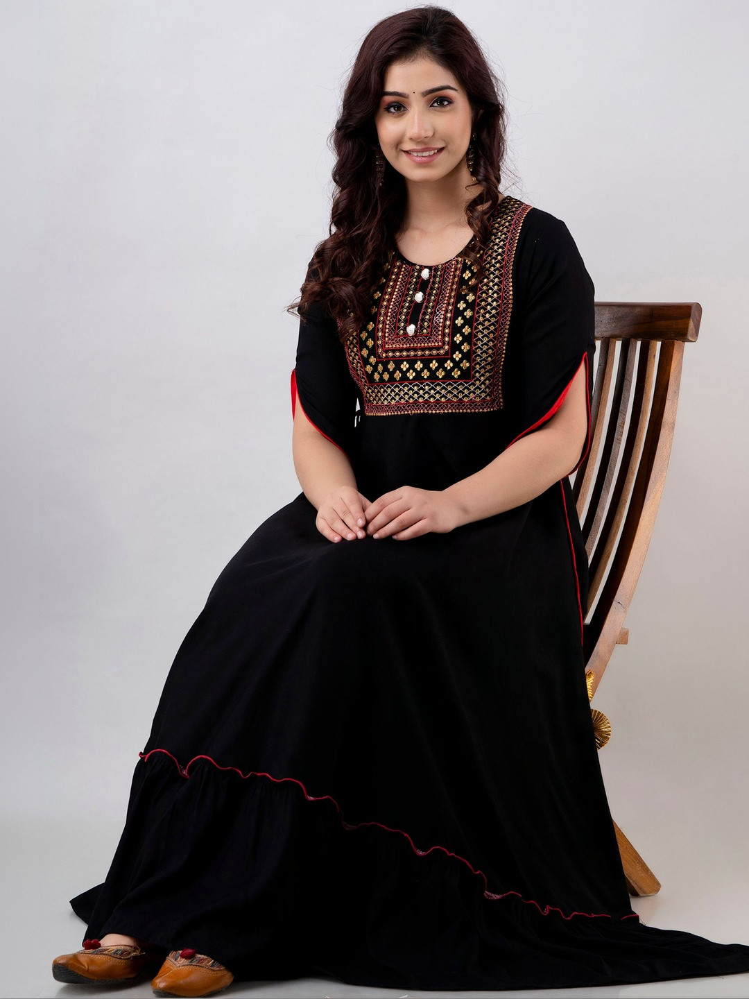 Jaipurite Embroidered Yoke Design Gown Maxi Ethnic Dress With Tasseled Detail