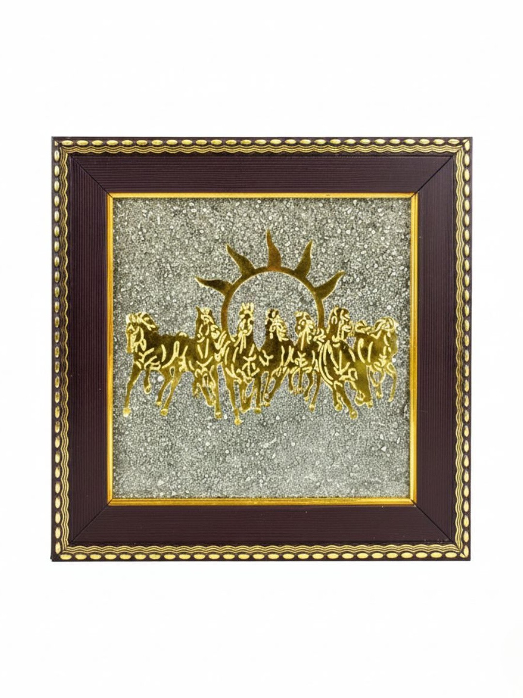 Tiny Shiny Brown & gold Textured Wooden 7 Horses On Raw Pyrite Photo Frame