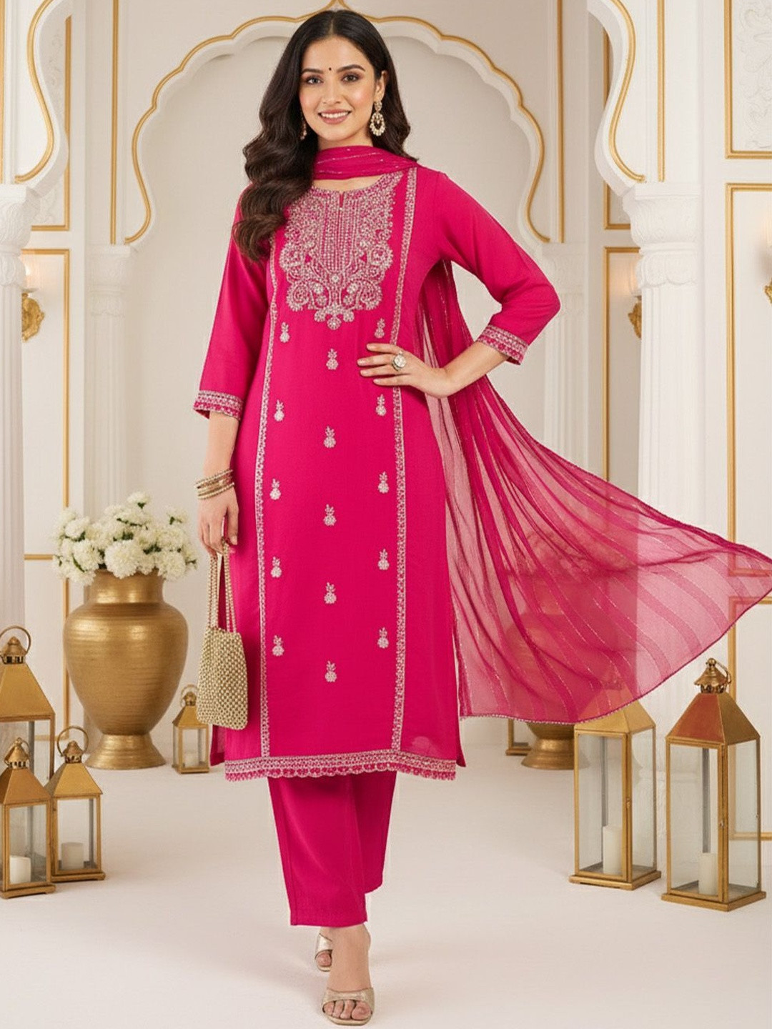 House of Pataudi Embroidered Straight Kurta With Trouser & Dupatta