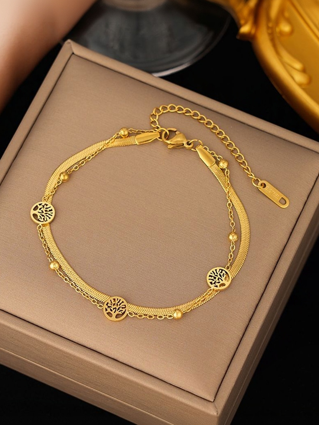 MYKI Stainless Steel Gold-Plated Artificial Beaded Tree of Life Dual Chain Bracelet
